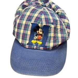VTG Mickey Mouse Plaid Cap Hat Blue Green Embroidered M Adjustable Disney